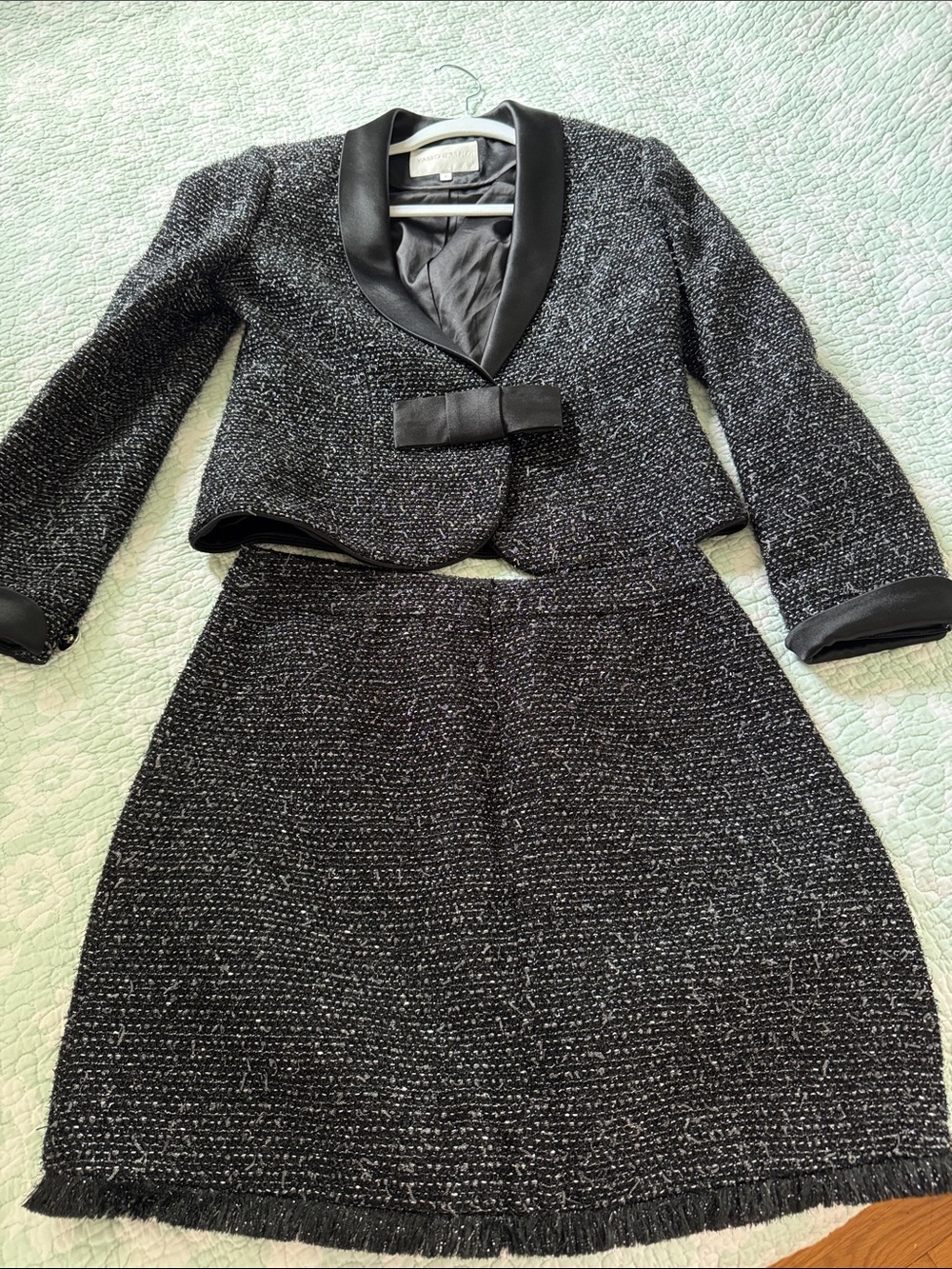 Women's Black Tweed Skirt Set with Satin Trim